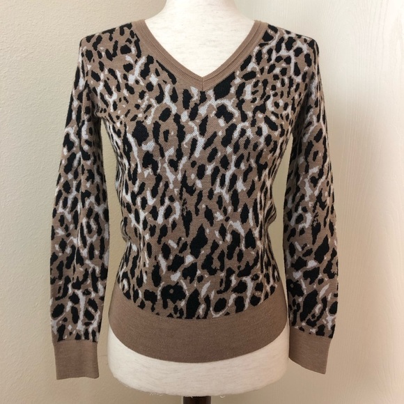 Banana Republic Leopard Merino Wool Blend V-Neck Sweater Women’s Size XS - Picture 2 of 10